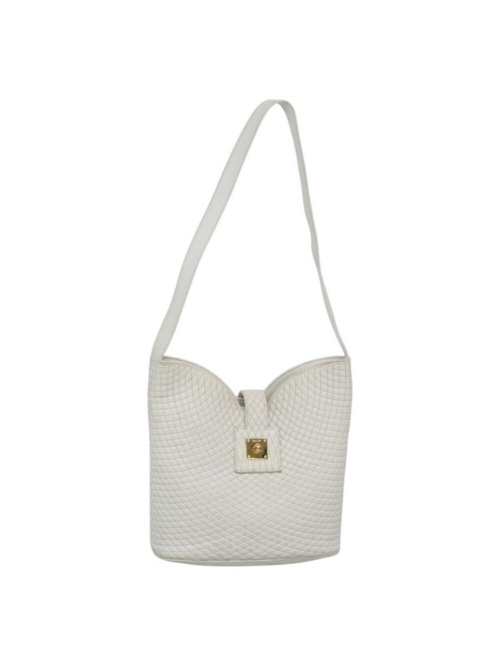 Authentic BALLY Quilted Shoulder Bag Leather White Gold